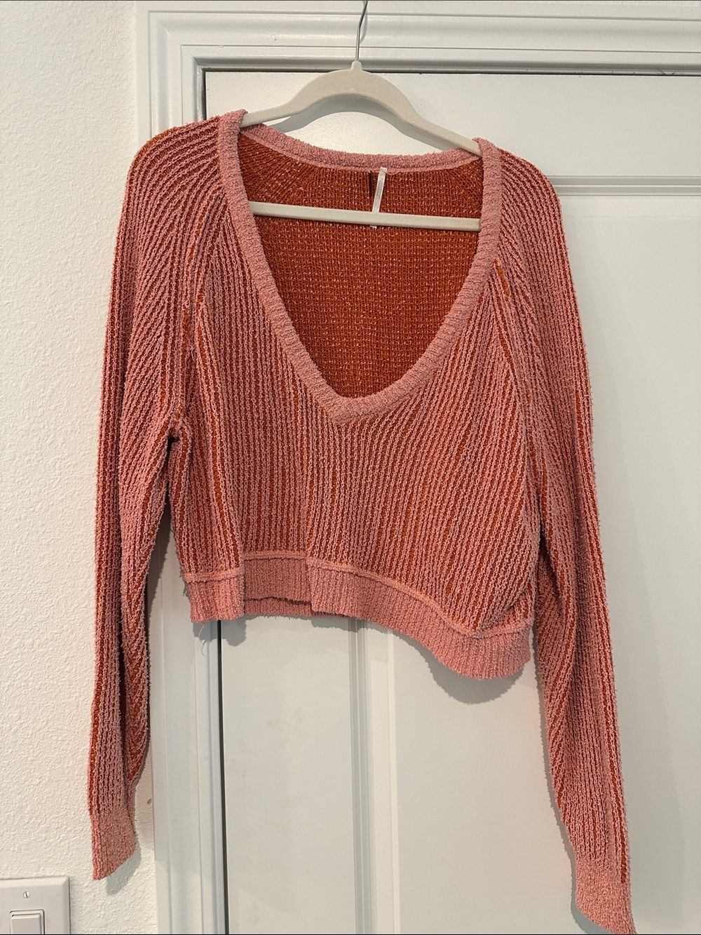Free People V-Neck Chunky Knit Sweater Top in Rose